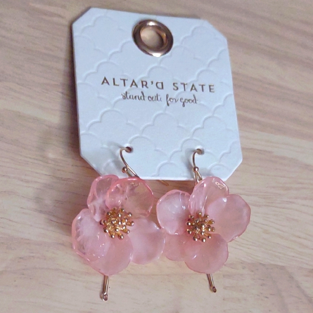 Altar'd State Pink Blossom Flower Gold Dangle Drop Earrings Y2k